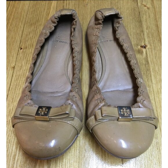 Tory Burch Tan Leather Eddie Bow Ballet Flats Women Size 6M Slip On Shoes - Picture 1 of 9